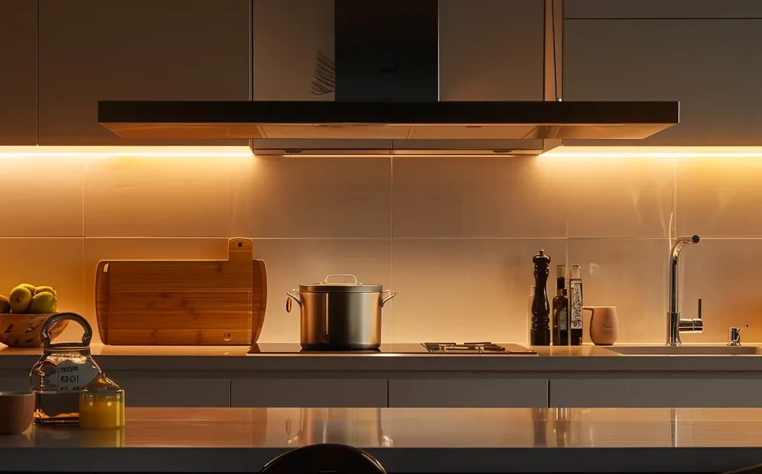 a modern, sleek kitchen with energy efficient appliances and bright lighting.