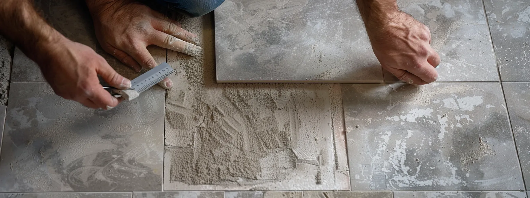 a person carefully measuring and cutting tiles for a bathroom renovation.