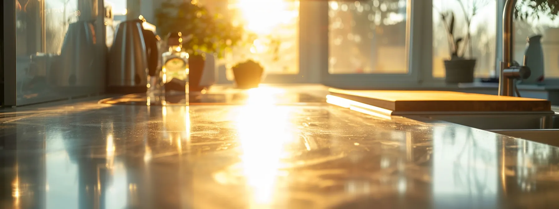 a kitchen with clean and polished countertops gleaming in the sunlight.