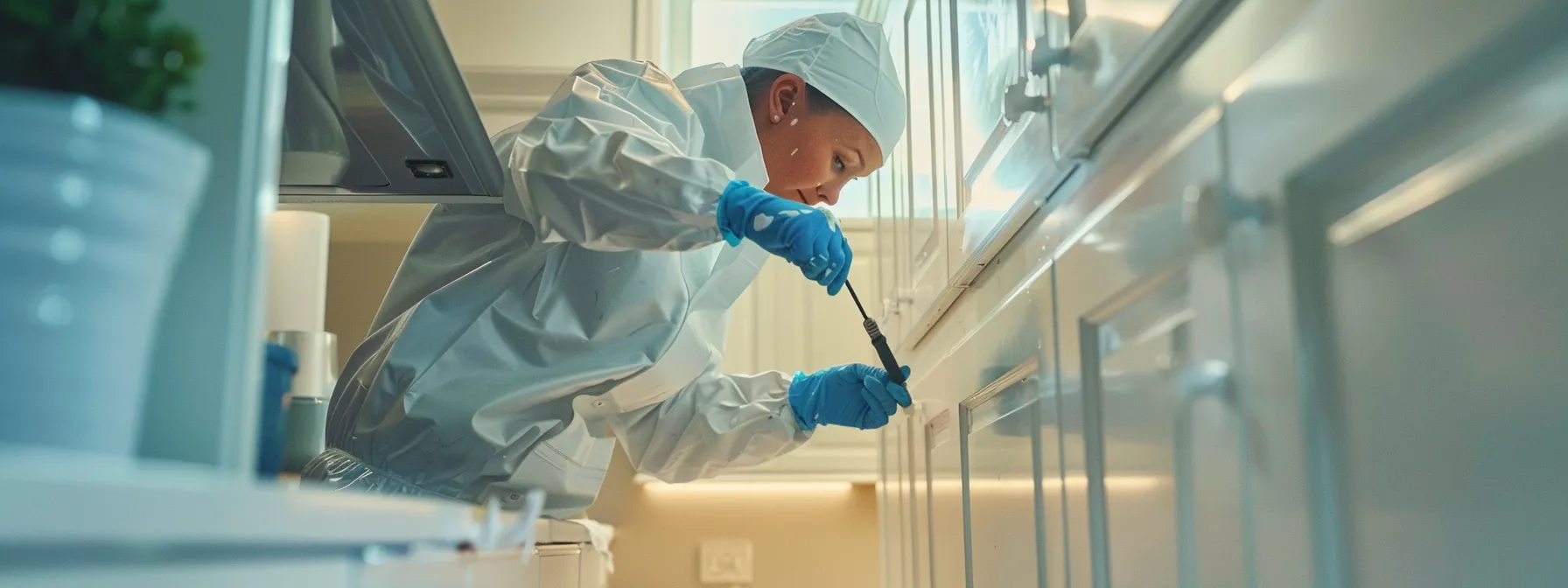 a professional resurfacing expert carefully refinishing kitchen cabinets with precision.