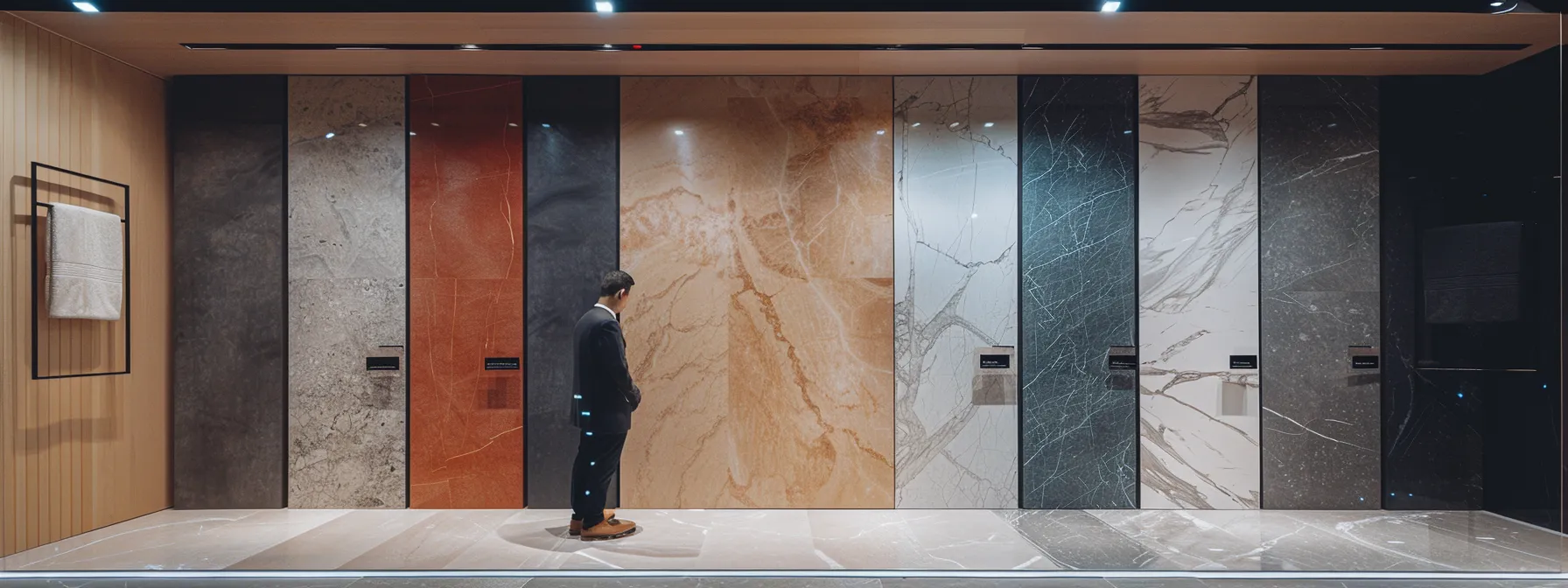 a person comparing different bathroom resurfacing materials in a showroom setting.