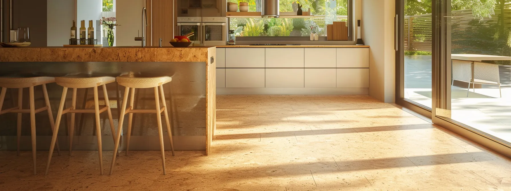a modern kitchen with comfortable and sustainable cork flooring.