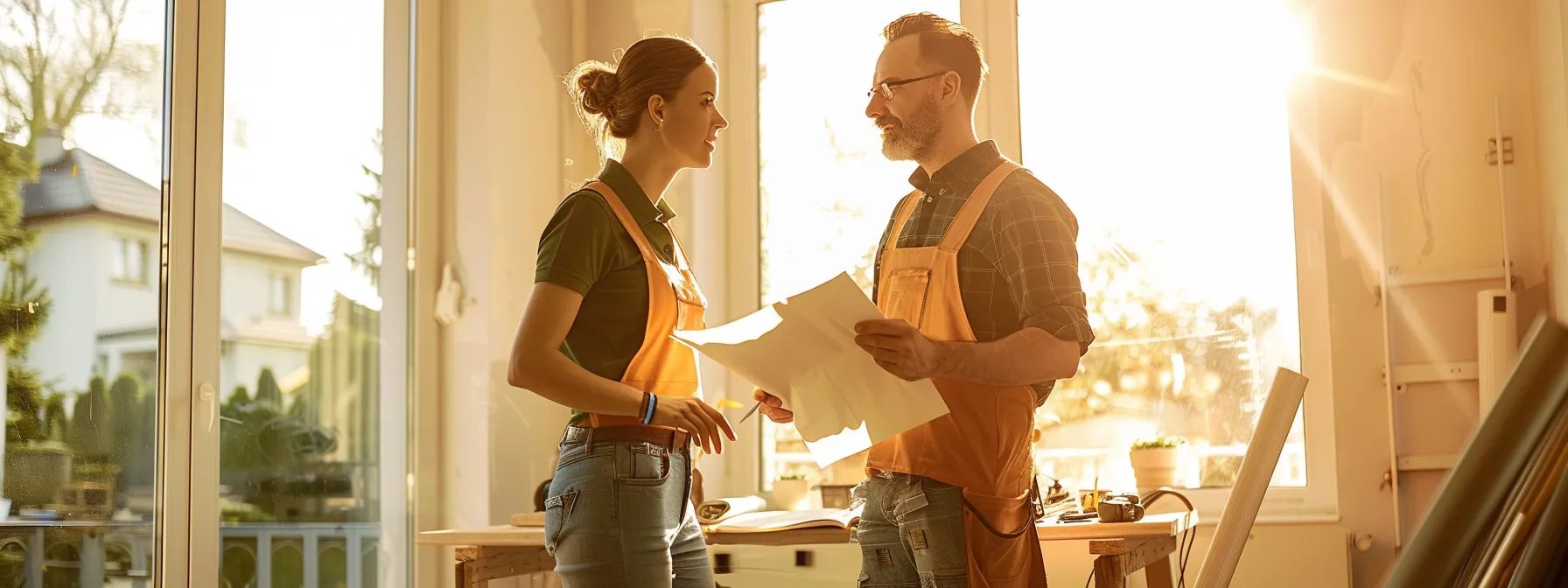 a contractor and a client discussing renovation costs and plans in a bright, spacious room.