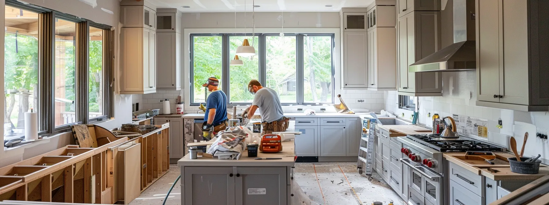 a team of kitchen renovation experts working together on installing custom cabinetry and countertops in a newly renovated kitchen.