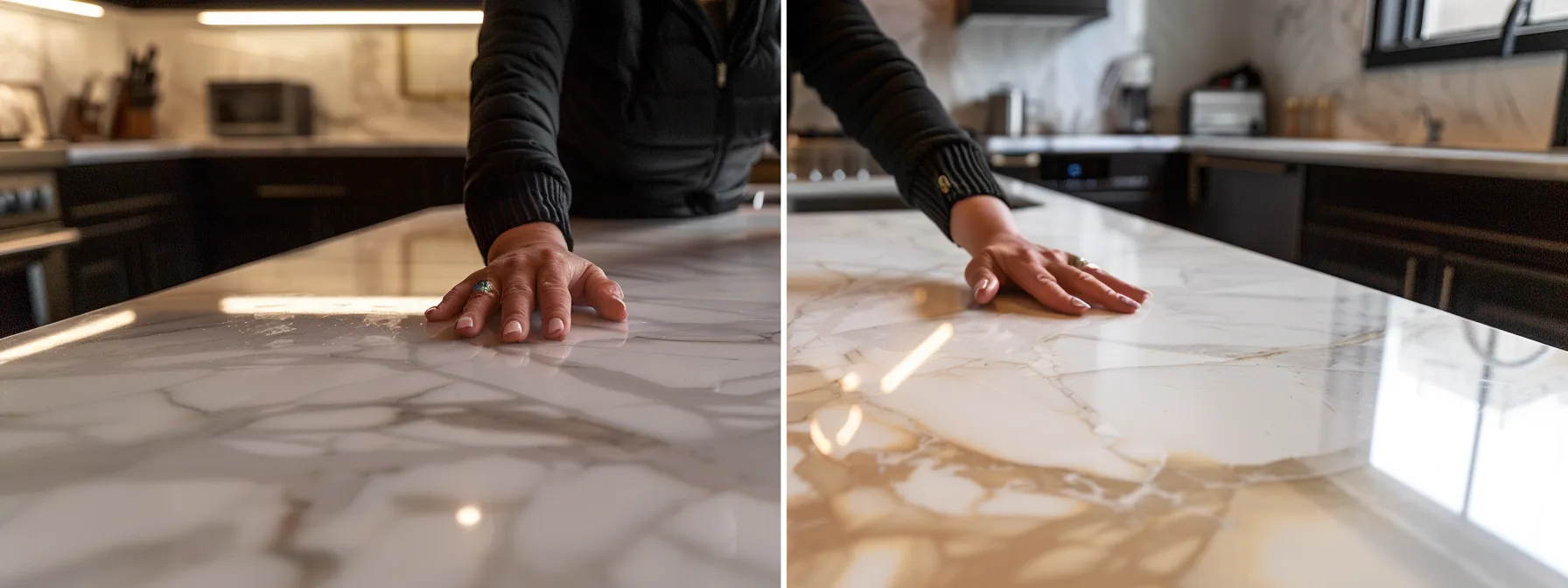 a person comparing two different types of coatings for a countertop surface.