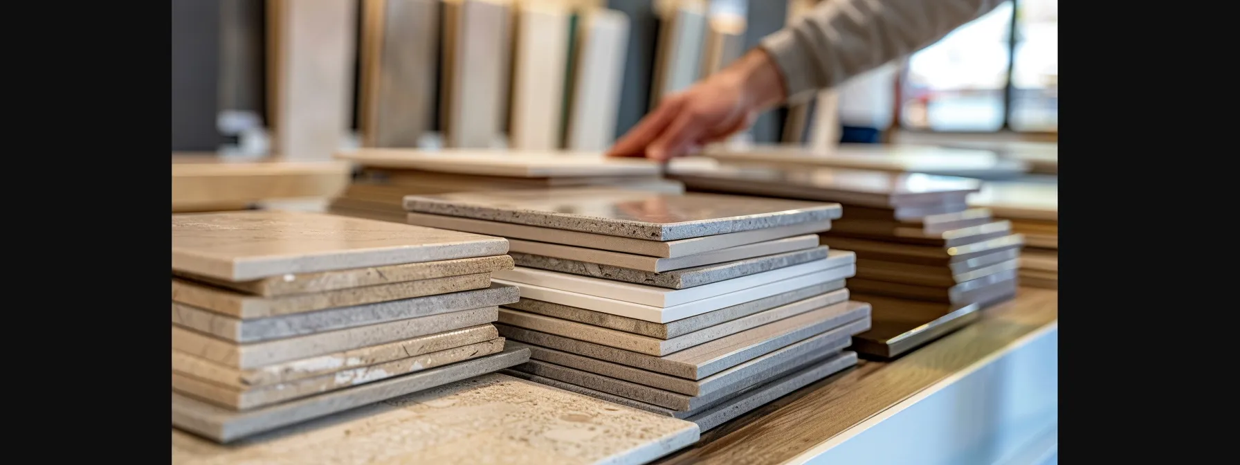 a person comparing samples of polyester and polyurethane countertops in a kitchen showroom.