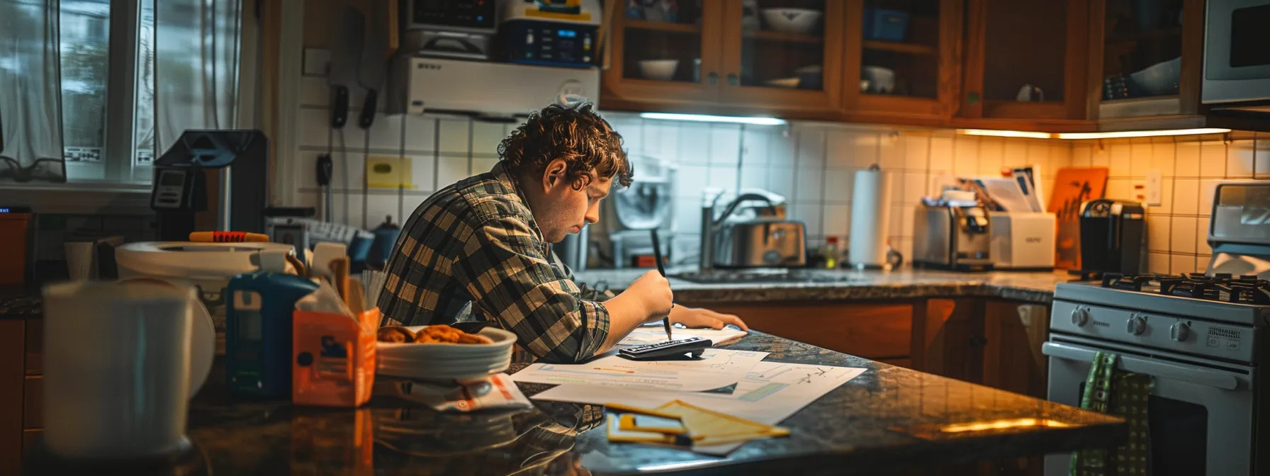 a homeowner examining their kitchen renovation plans with a calculator in hand, looking at a detailed budget breakdown with highlighted contingency expenses.