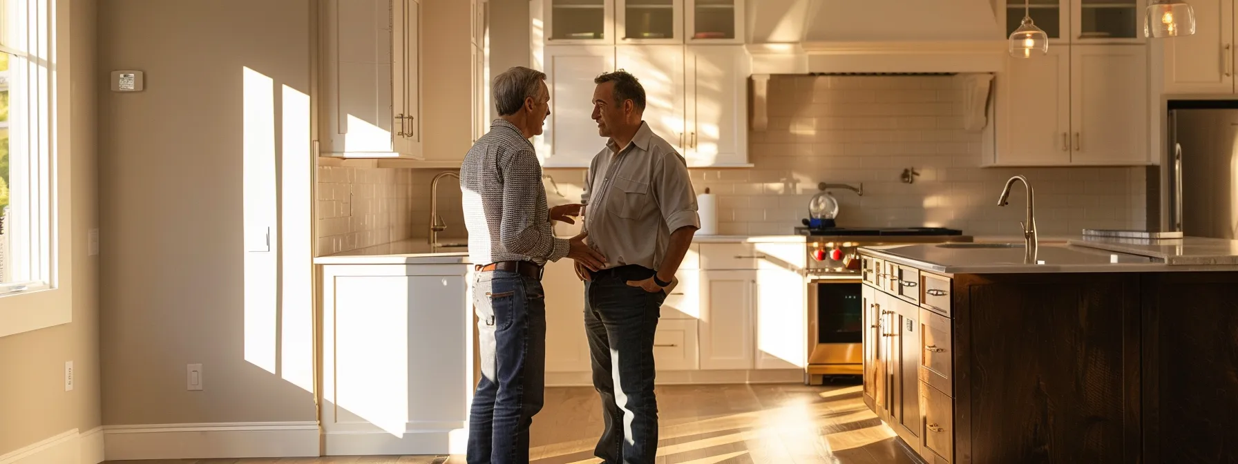 contractor and client discussing kitchen remodeling project.