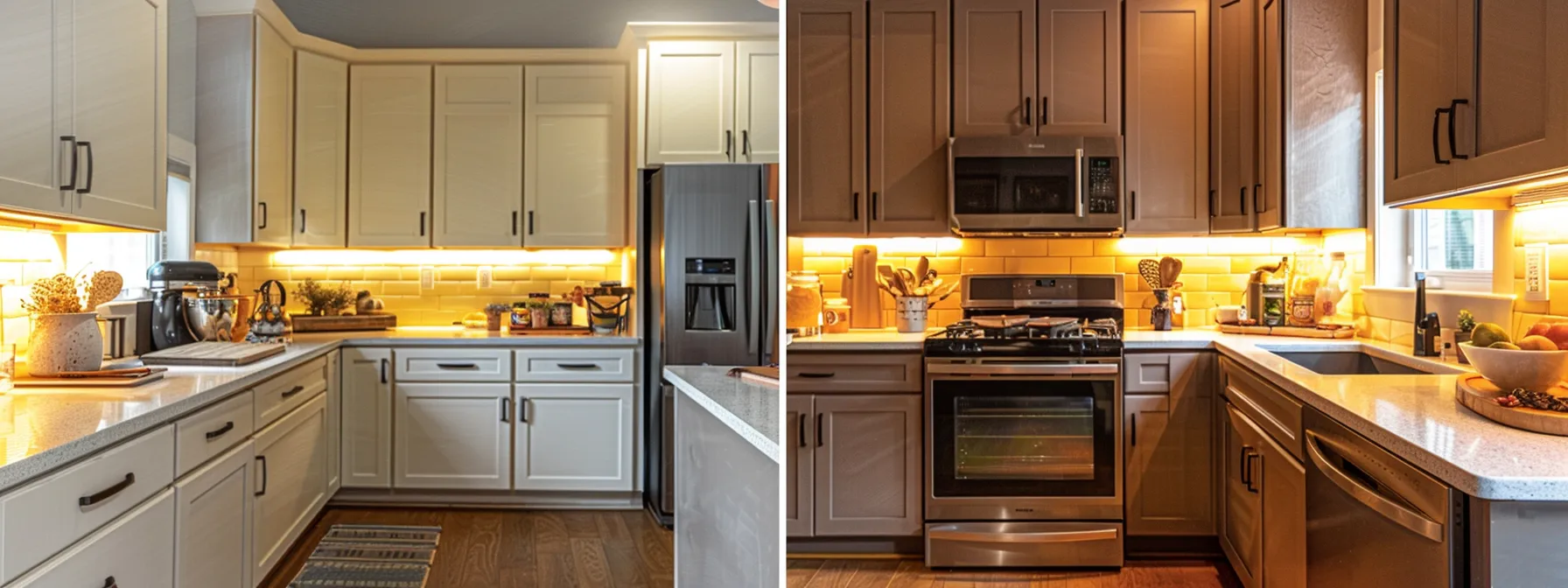 a kitchen with newly refaced cabinets featuring modern drawer pulls, under-cabinet lighting, and a complementary backsplash.