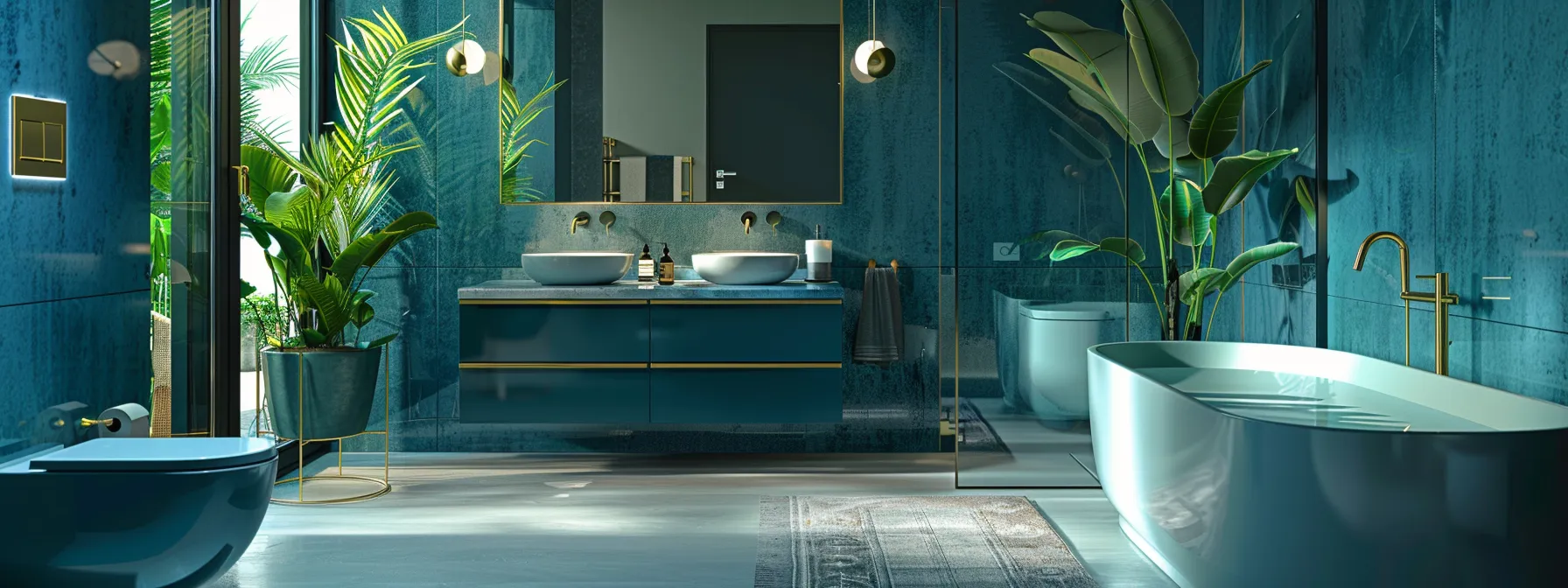 a bathroom with deep blue cabinetry, green accents, and a mix of matte and glossy textures creating a serene and sophisticated atmosphere.