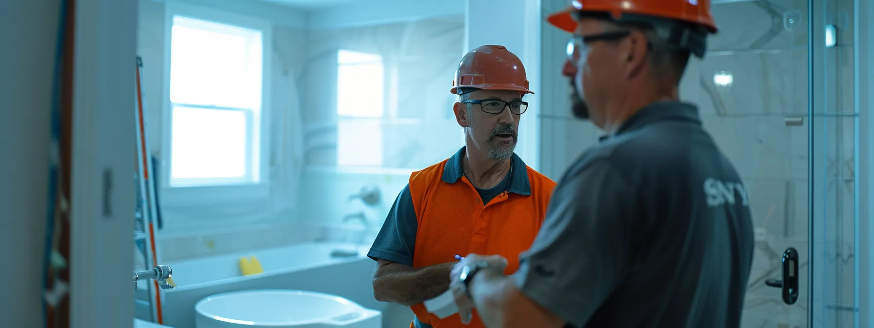 a contractor discussing project timelines with a homeowner in a bathroom under construction.