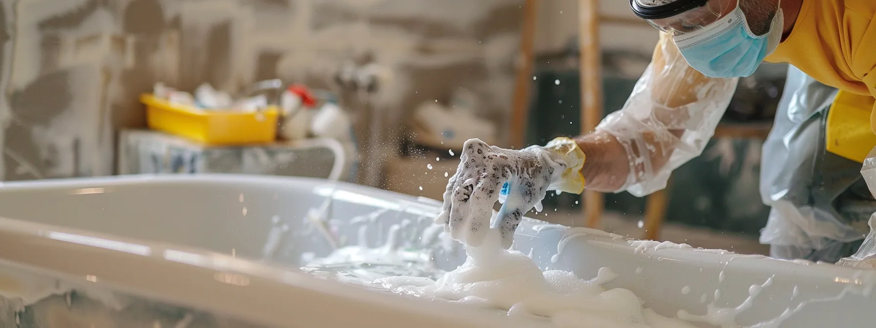 a person wearing a mask and gloves while applying eco-friendly resurfacing materials to a bathtub.