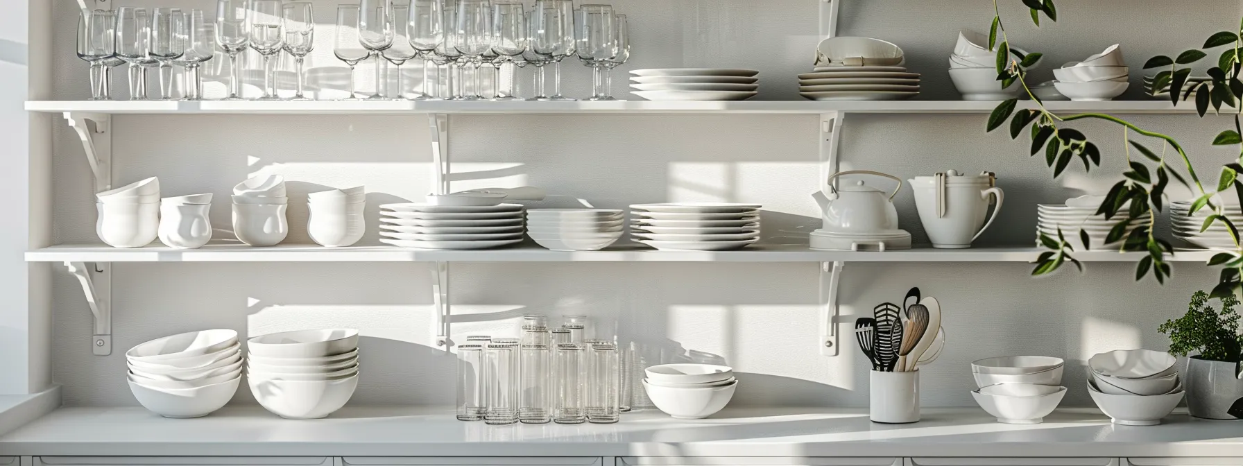 a kitchen with stylish open shelving displaying attractive dishes and glassware in an airy atmosphere.