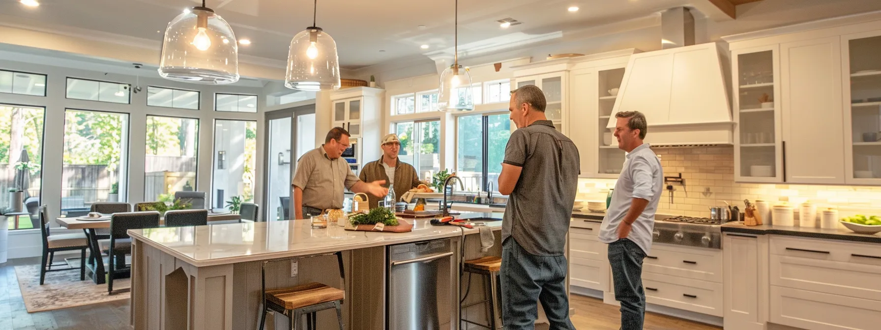 homeowners discussing kitchen remodeling options with a contractor.
