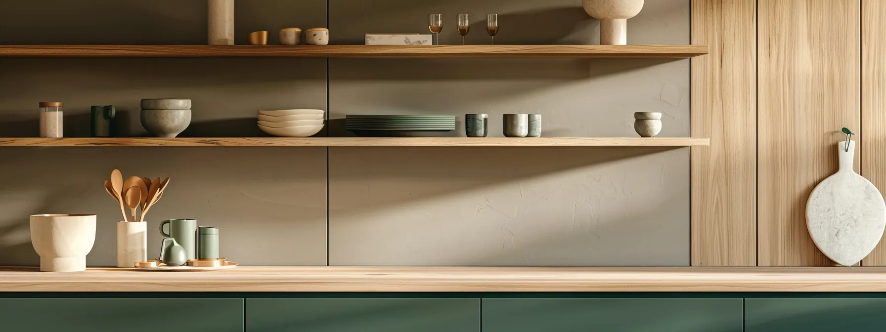 an open shelving unit in a kitchen with minimalist design and shades of green and taupe.
