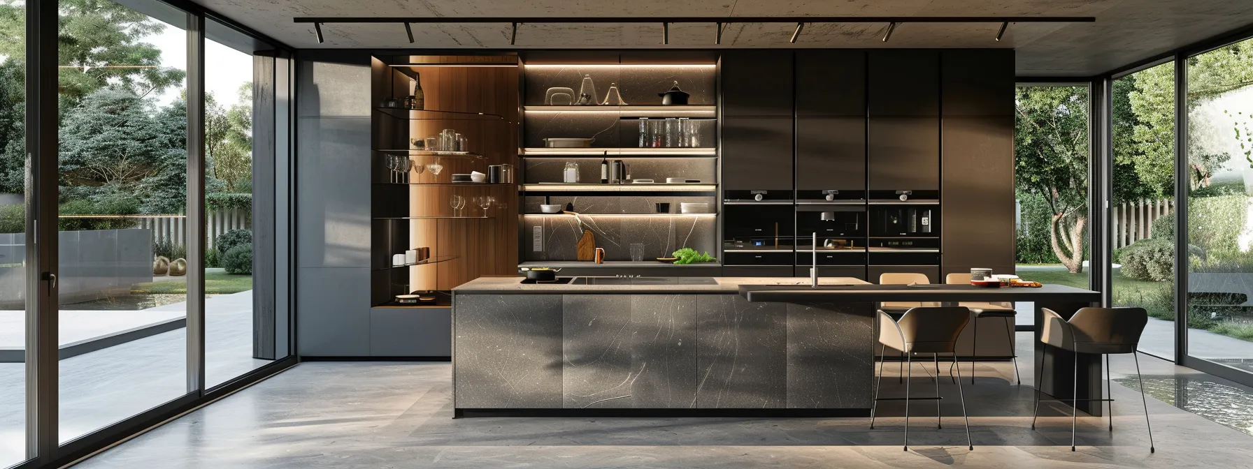 a modern kitchen with energy-efficient appliances like convection ovens and induction cooktops.