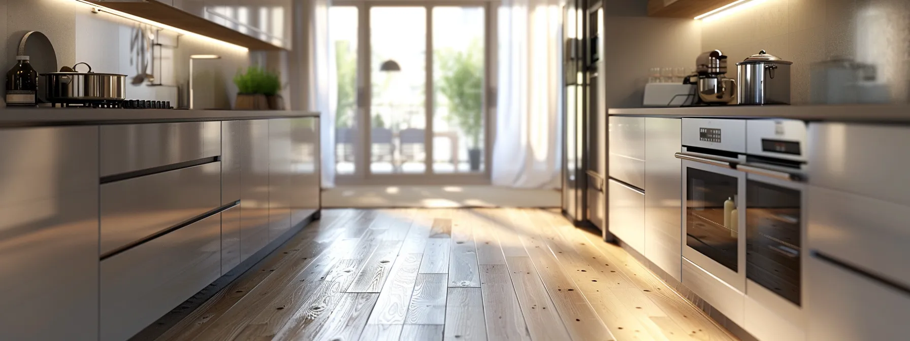 a modern and sleek kitchen with updated hardwood floors and a stylish shower feature to maximize roi.