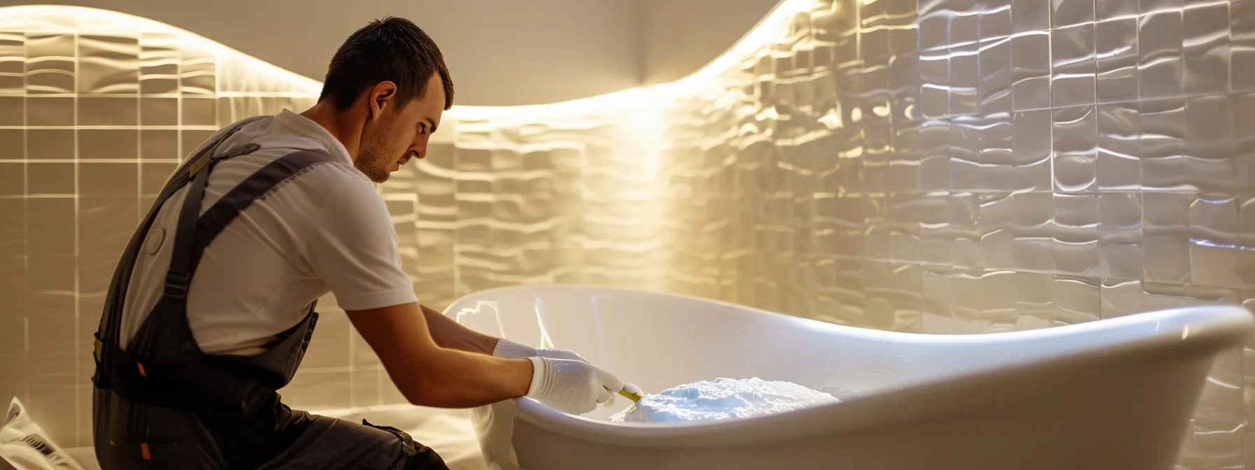 a professional resurfacing technician carefully applying a new finish to a bathtub, ensuring a durable and long-lasting result.