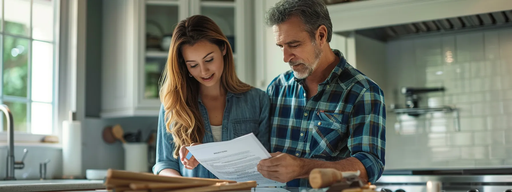 a homeowner and a contractor reviewing a detailed contract together at a kitchen renovation site.