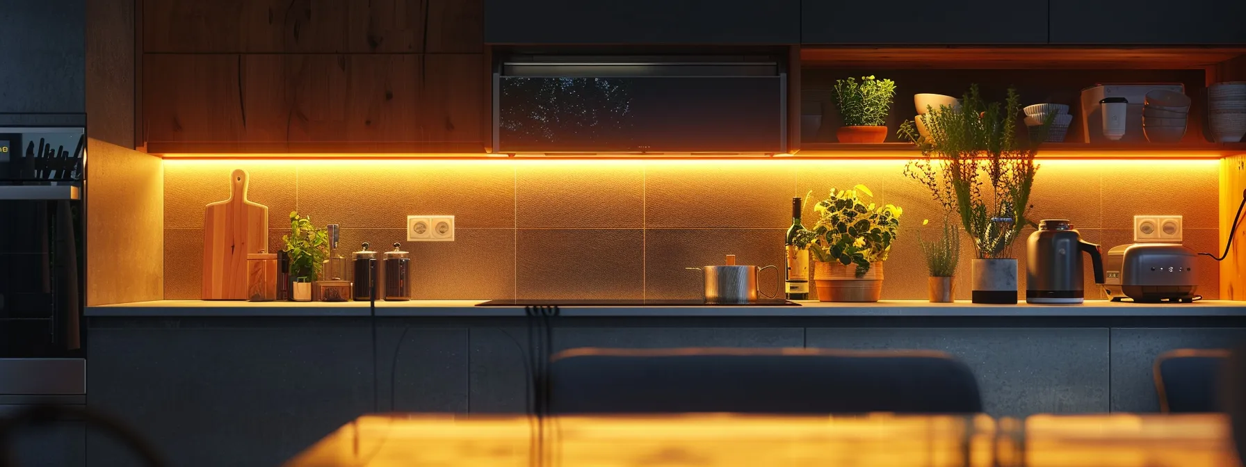 a modern kitchen with adjustable color temperature led lighting fixtures placed under the cabinets.