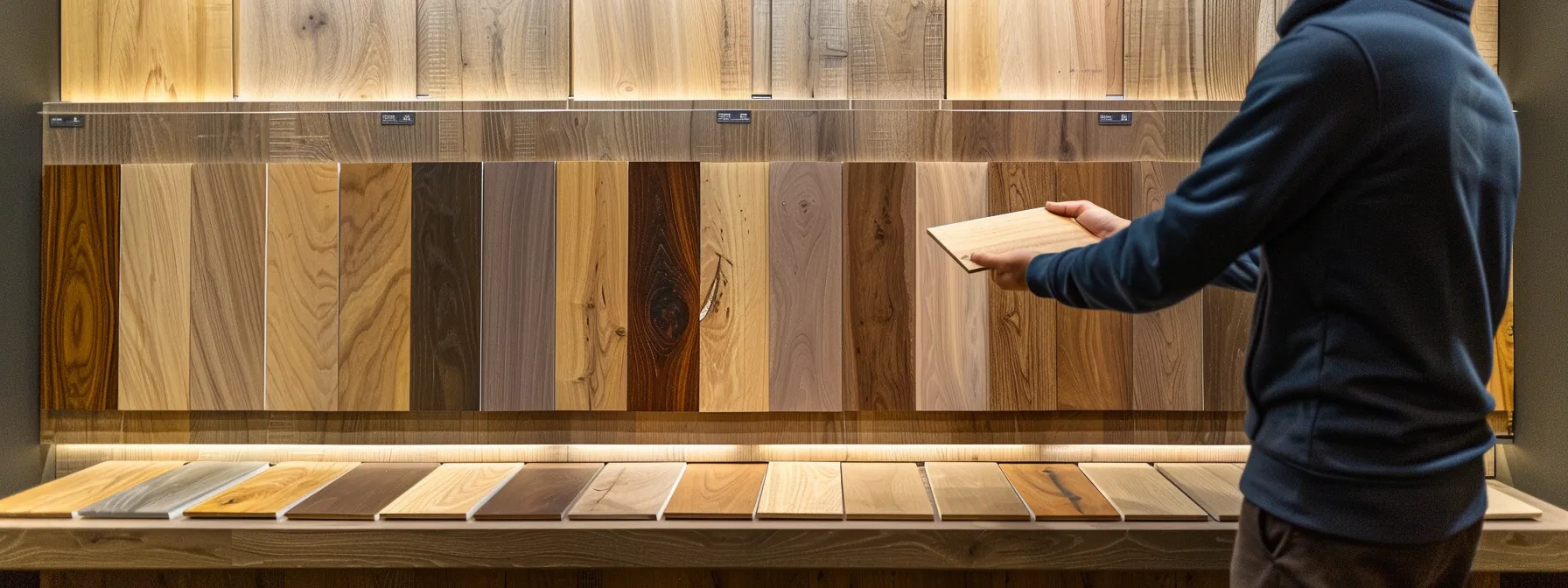 a person comparing different samples of cabinet finishes and materials.