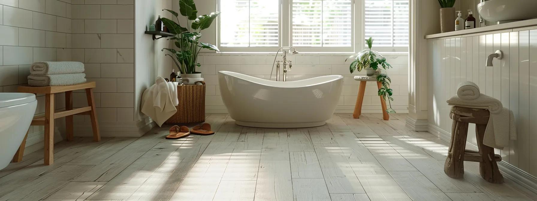 a bathroom with beautifully designed luxury vinyl flooring that mimics ceramic tiles.