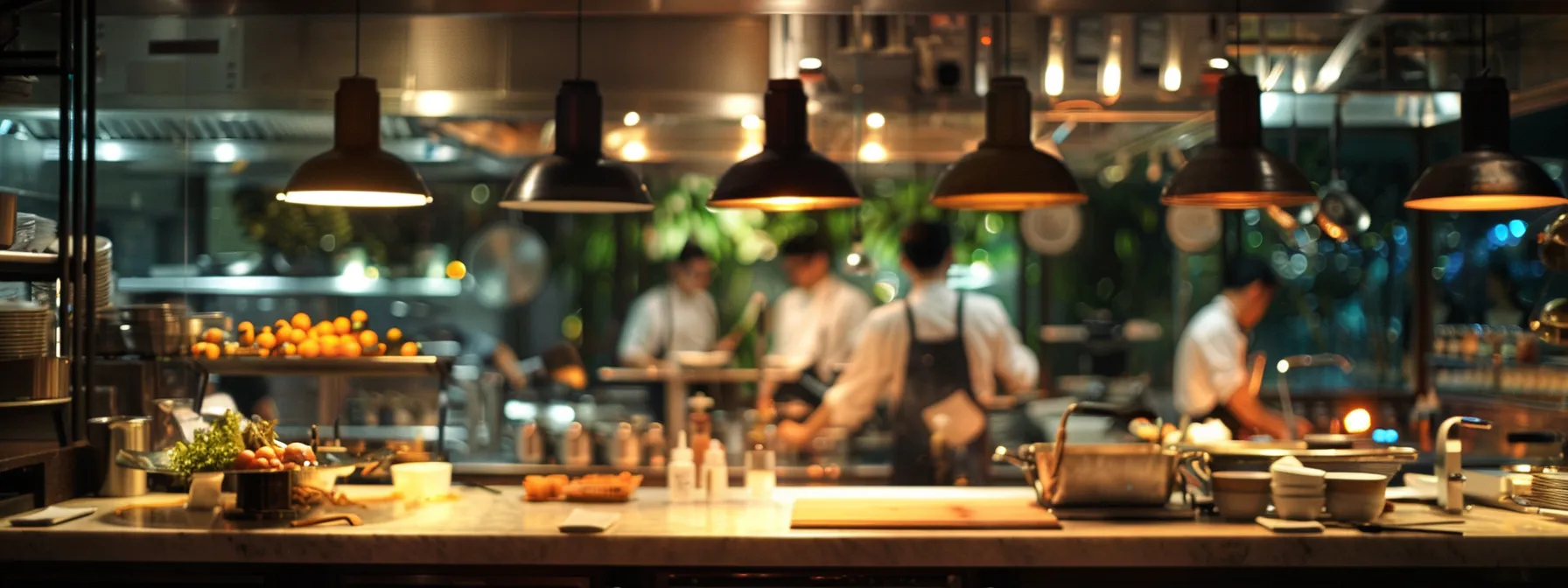 bright led lights shining over a busy kitchen counter.
