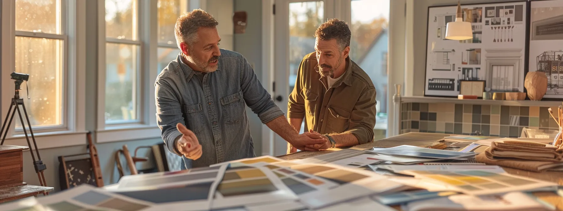 a homeowner and a contractor discussing bathroom remodeling plans in a well-lit room filled with design magazines and color swatches.