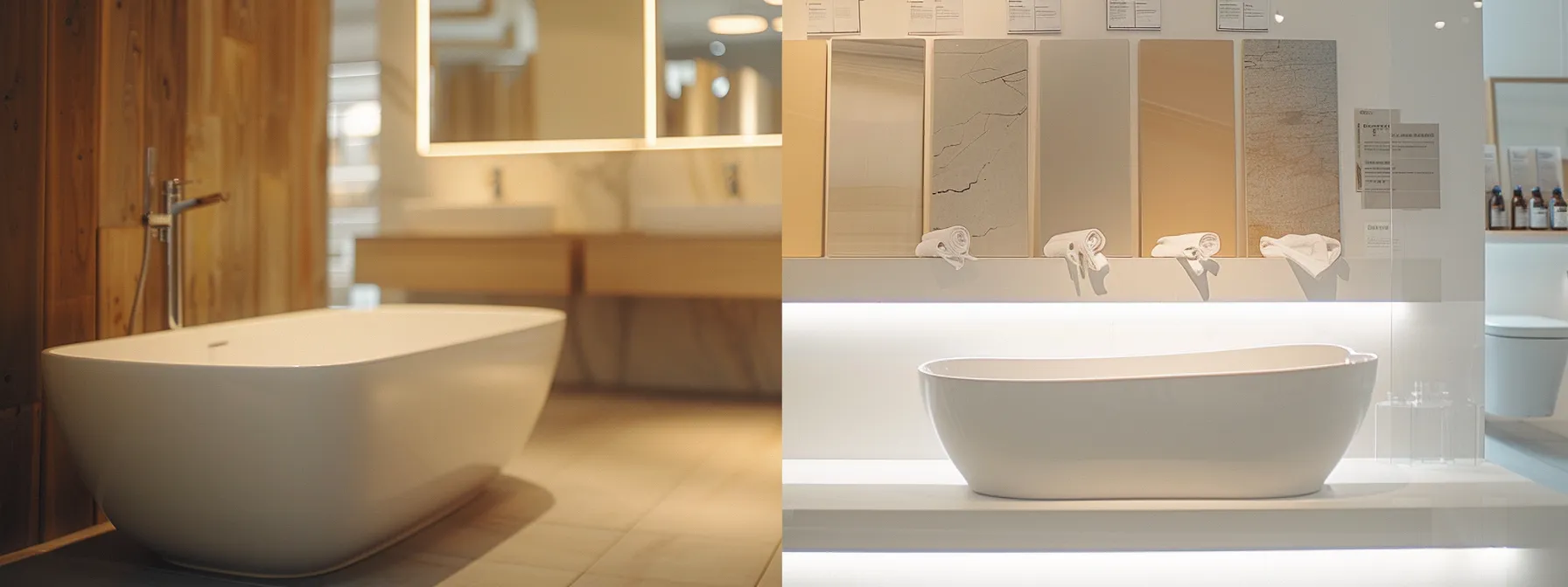 a person comparing different bathtub materials in a home renovation showroom.