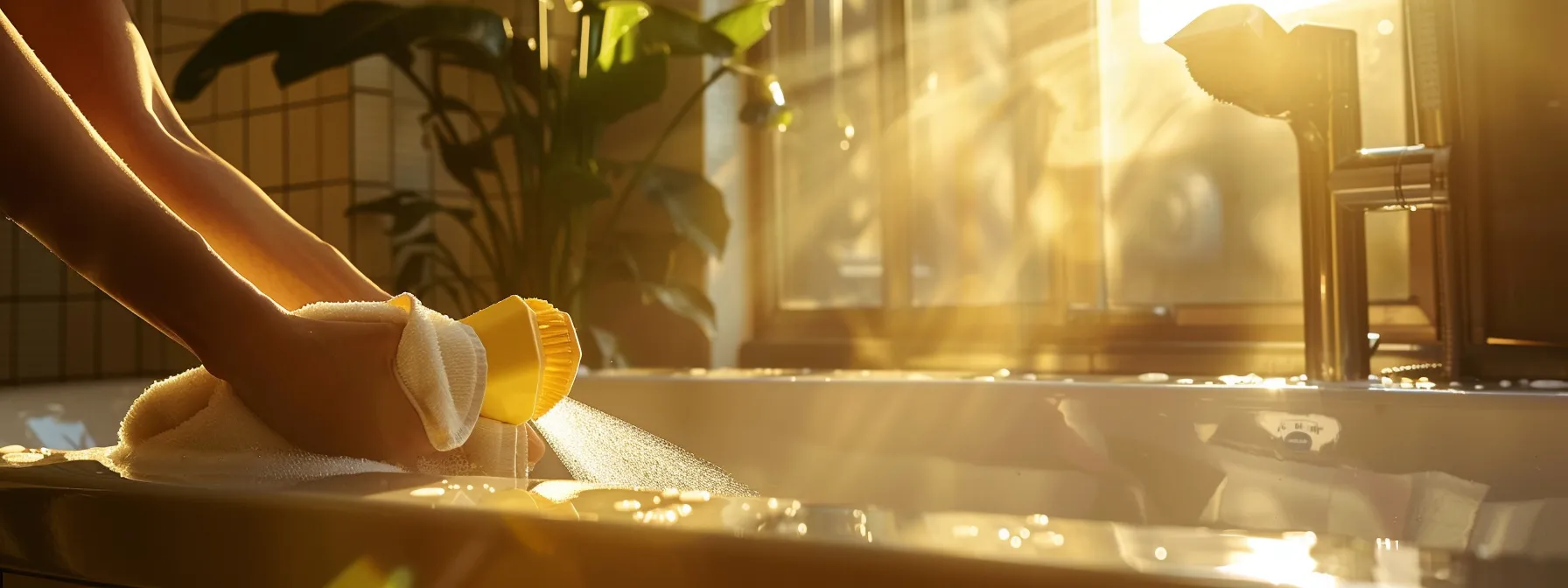 a person gently cleaning a resurfaced bathtub with eco-friendly cleaning solutions.