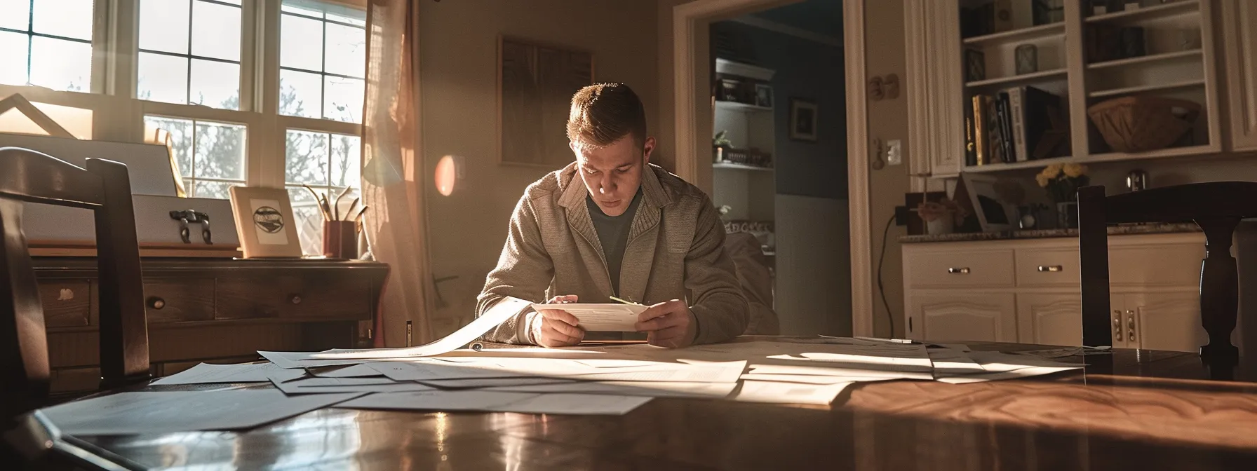 a homeowner sitting at a table with multiple written estimates from bathroom renovation contractors.