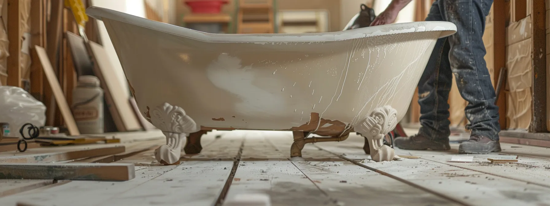 a clawfoot tub being carefully inspected for resurfacing with specialized materials.