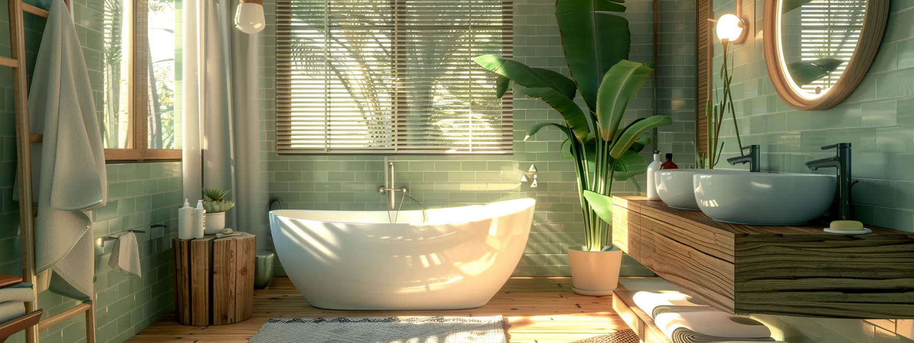 a sleek, modern bathroom with water-wise fixtures and a stylish design promoting sustainability and eco-friendly living.