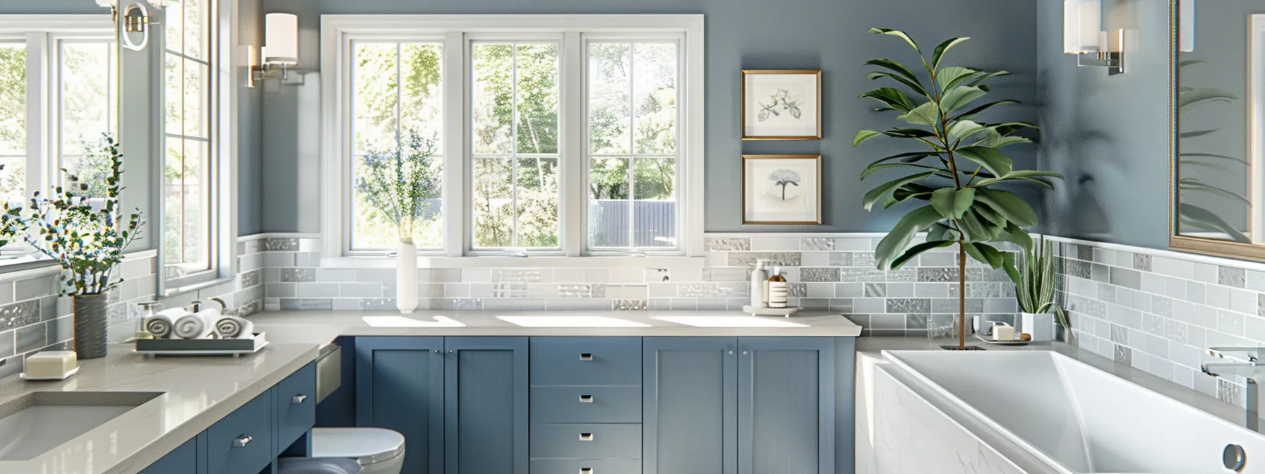 a modern bathroom with slate blue cabinetry and crisp white fixtures, accented by mosaic tiles in slate blue and a neutral granite countertop.