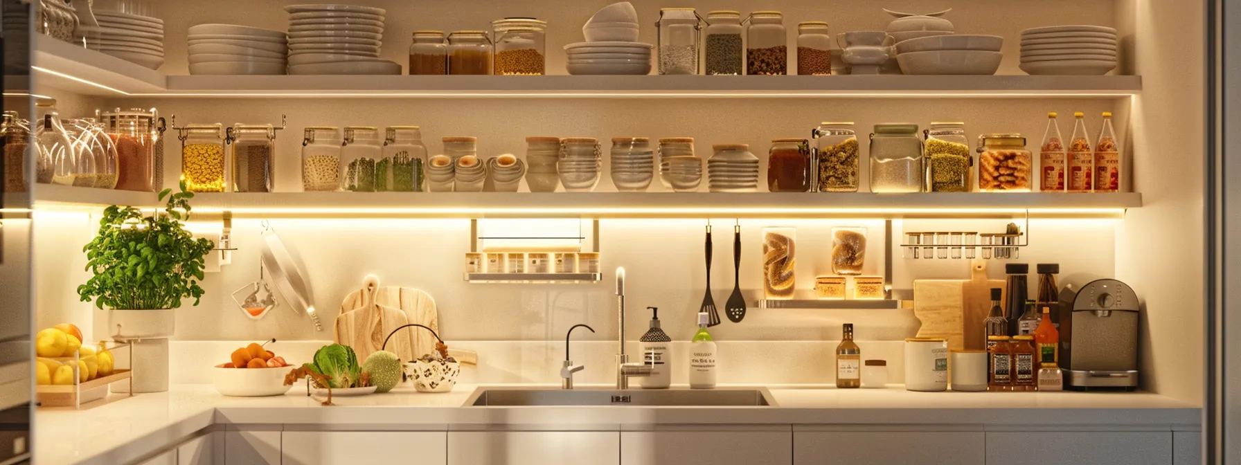 a bright and spacious kitchen with open shelving filled with decorative items and illuminated by under-cabinet lighting.