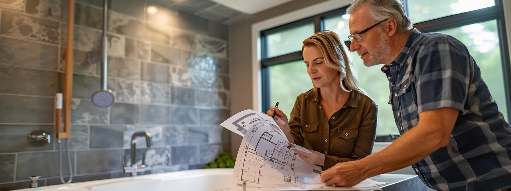 a homeowner discussing bathroom remodeling options with a contractor.