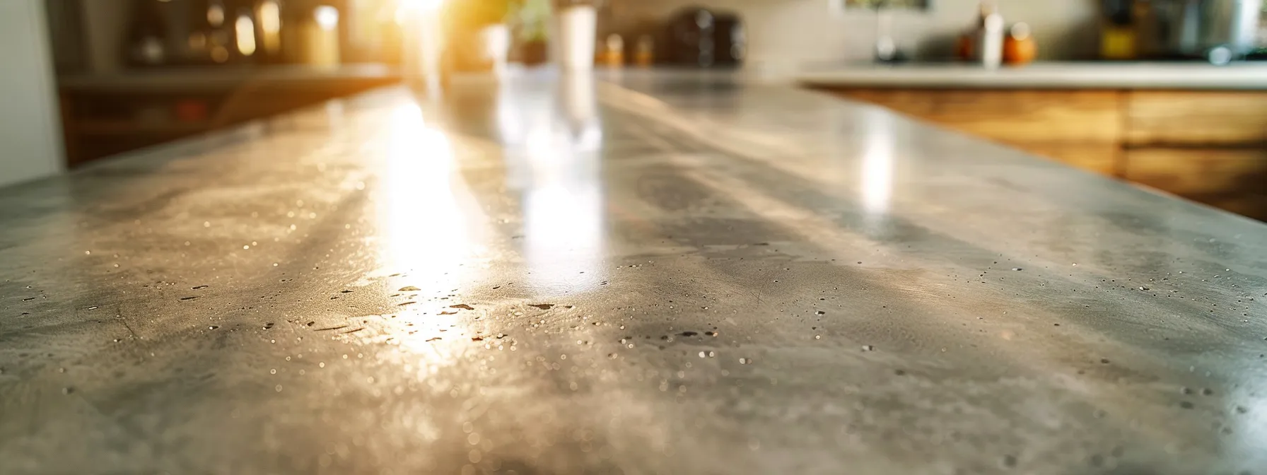 a clean, shiny resurfaced benchtop glows under soft natural light, showcasing its smooth concrete-like finish.