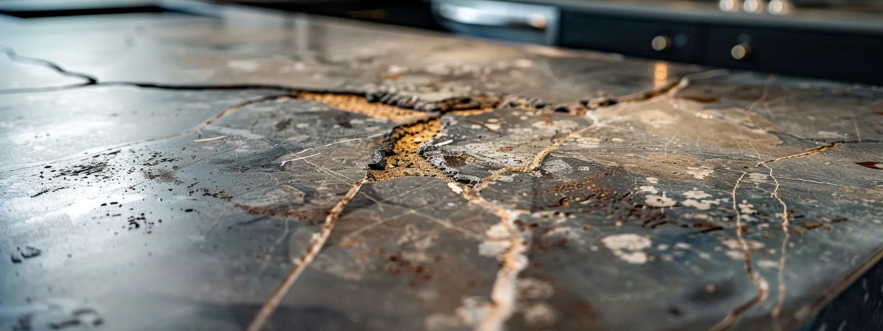 a close-up photo of a damaged benchtop with visible wear and cracks, highlighting the importance of surface condition assessment for resurfacing projects.