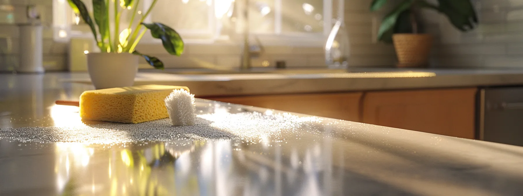 a close-up photo showcasing a clean, freshly scrubbed countertop surface with a sponge and paintbrush nearby.