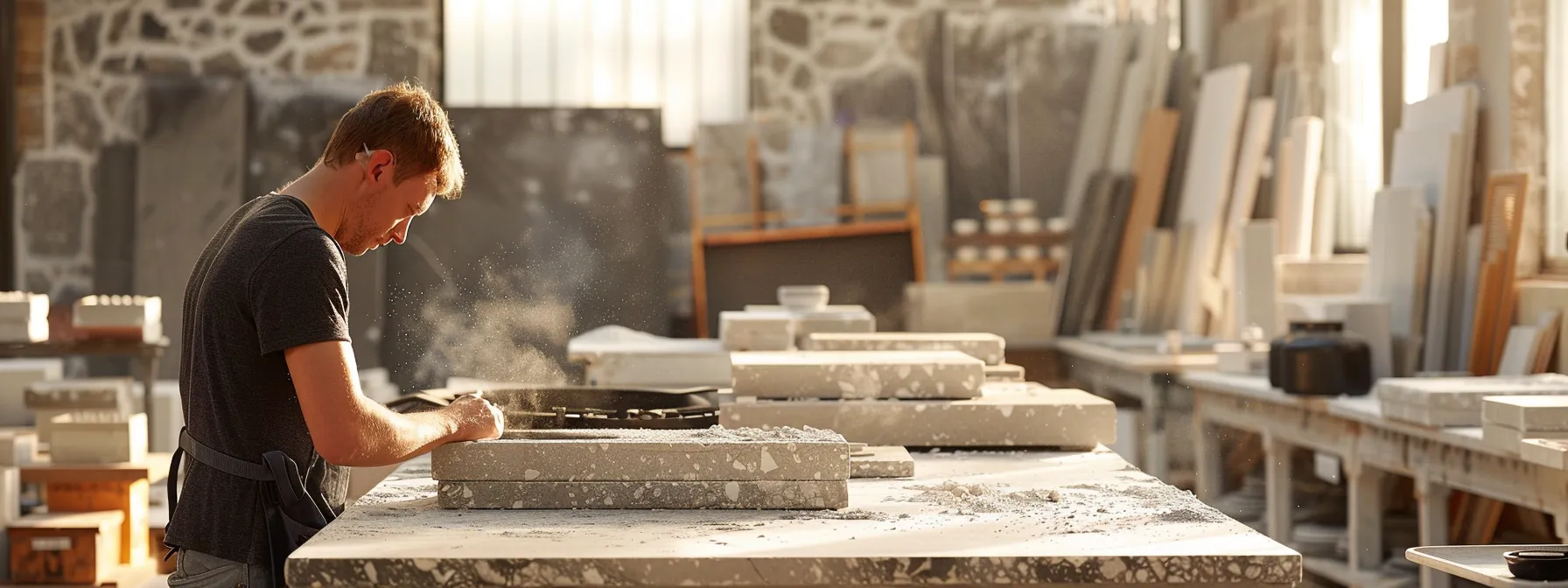 a contractor meticulously inspecting a dusty stove area on a worn-out benchtop, surrounded by various samples of caesarstone, determining the best resurfacing material.