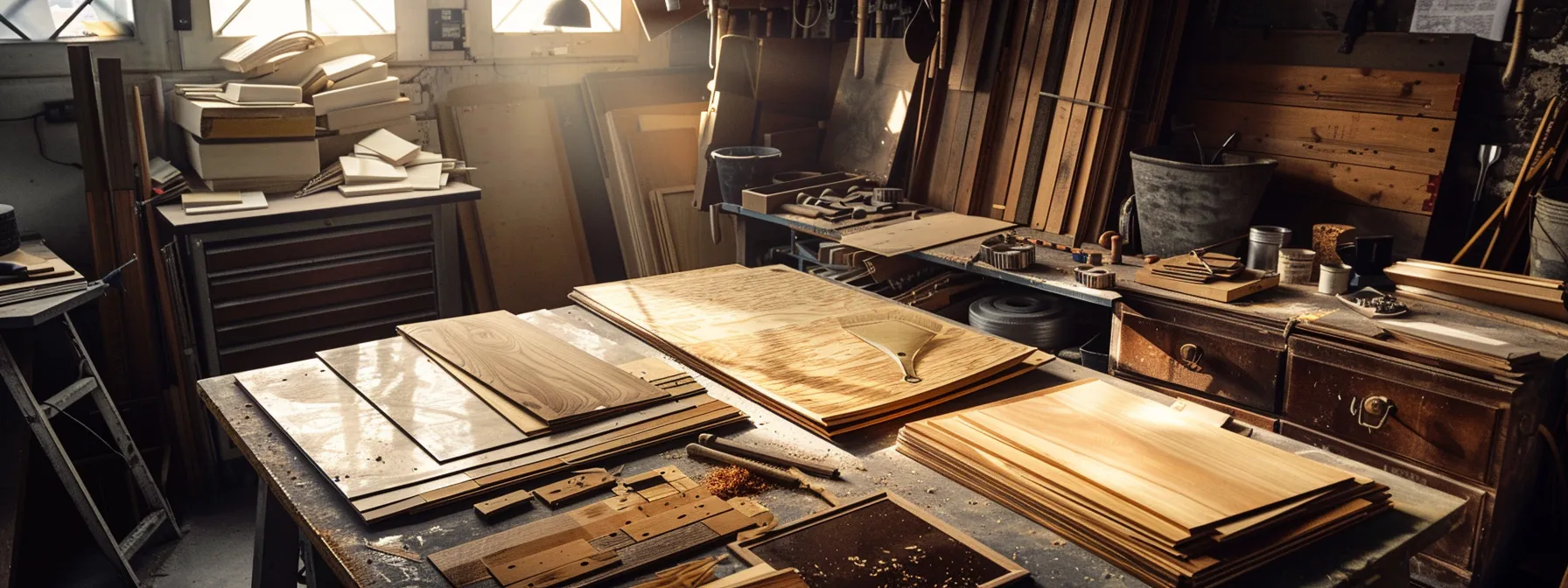 a craftsman meticulously comparing the prices of wood veneer and plywood for resurfacing a benchtop, surrounded by various materials and tools.