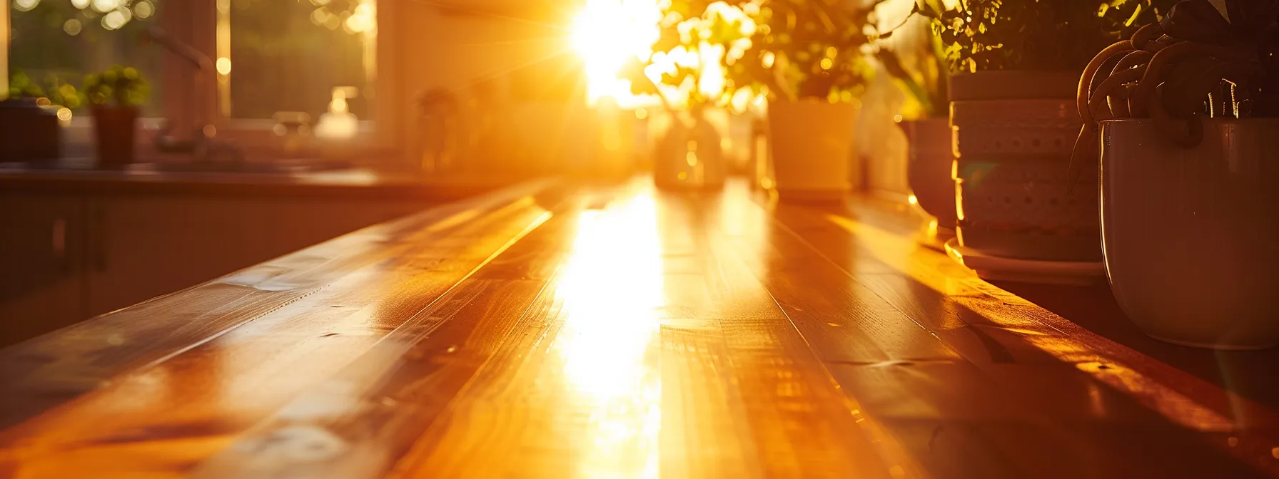 a gleaming, newly resurfaced benchtop in a kitchen, shining under the warm sunlight with a pristine surface, showcasing the beauty and durability of proper care and maintenance.