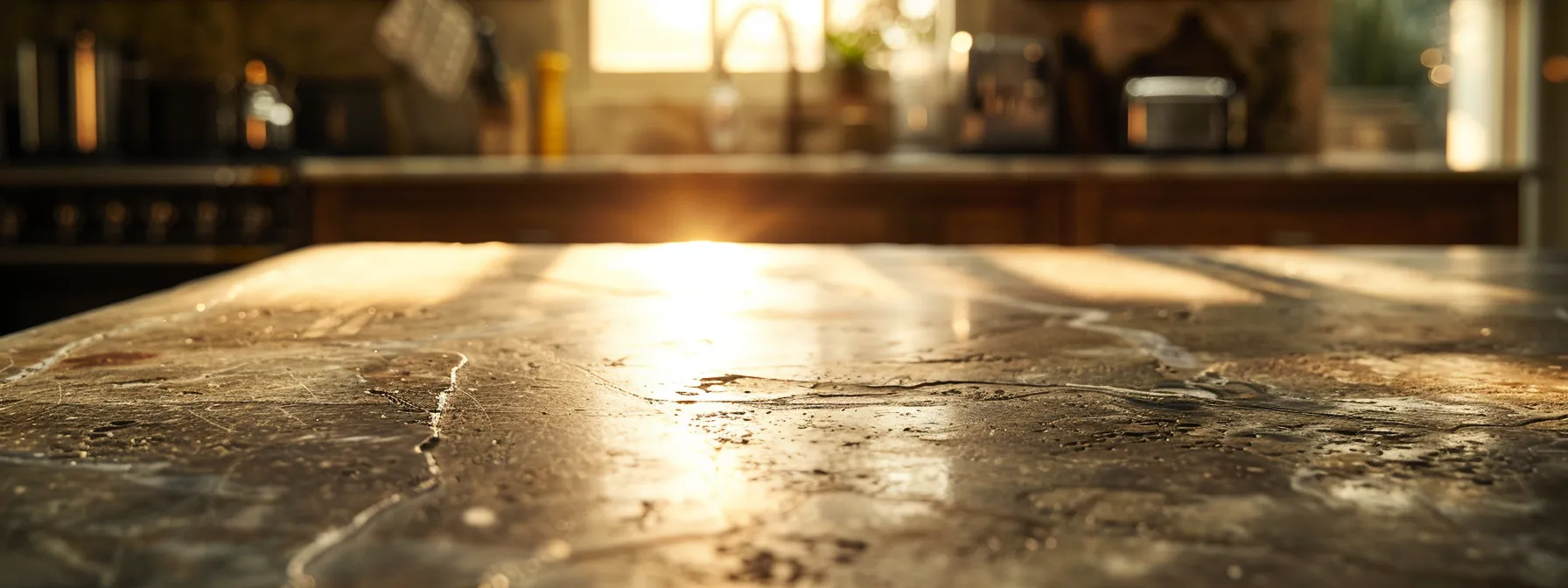 a gleaming, spotless soapstone benchtop glistening under the warm kitchen light.