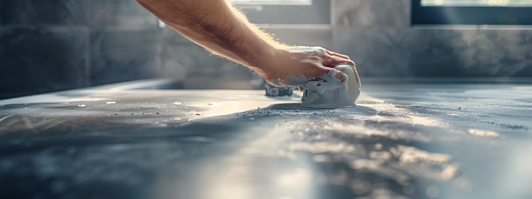 a hand carefully applying a primer coat to a worn kitchen benchtop, with the resurfacing compound and protective sealant nearby, creating a smooth and renewed surface.