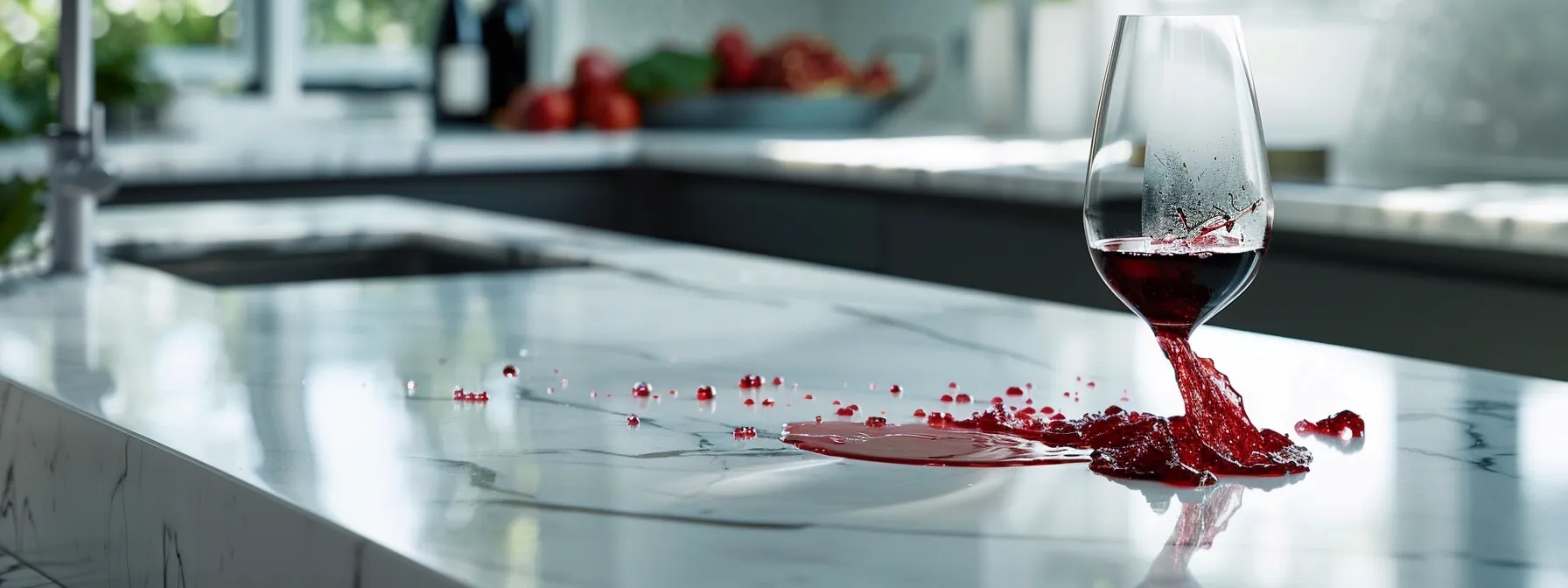 a homeowner quickly wiping away a spilled red wine on a sleek white benchtop, showcasing quick and effective spill management.