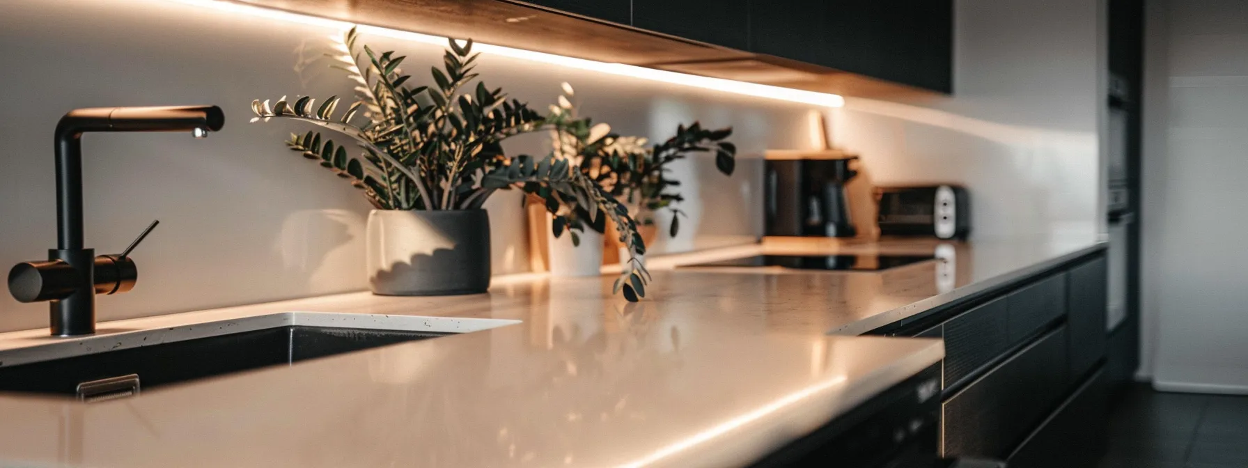 a kitchen benchtop being resurfaced, with a sleek, modern quartz finish being applied, showcasing the cost-effective and eco-friendly benefits of resurfacing over replacing.