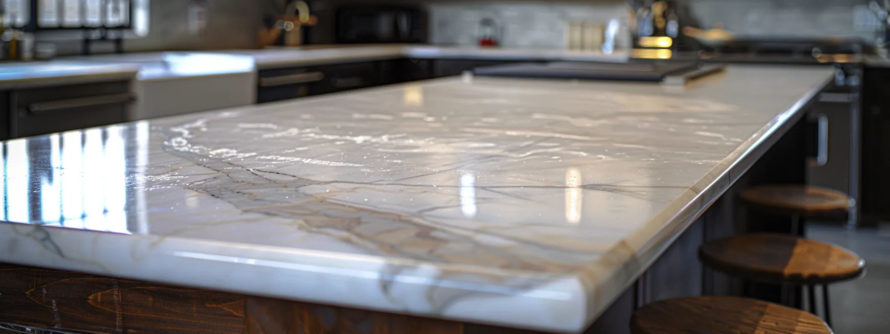 a kitchen with a sleek, marble benchtop being resurfaced with new materials for a modern and cost-effective renovation.