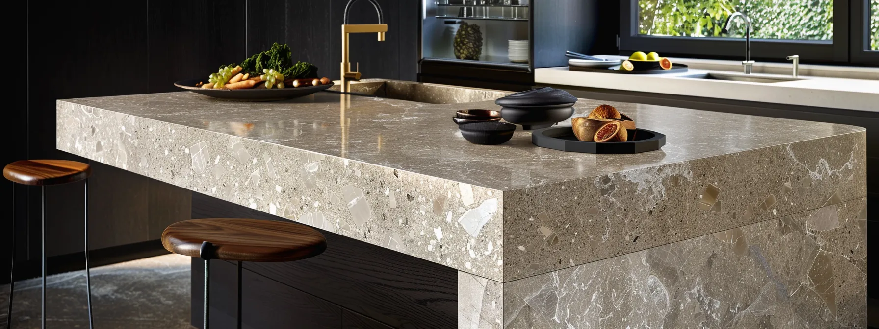 a kitchen with sleek quartz countertops and modern finishes, showcasing a well-planned and budgeted cabinet resurfacing project.