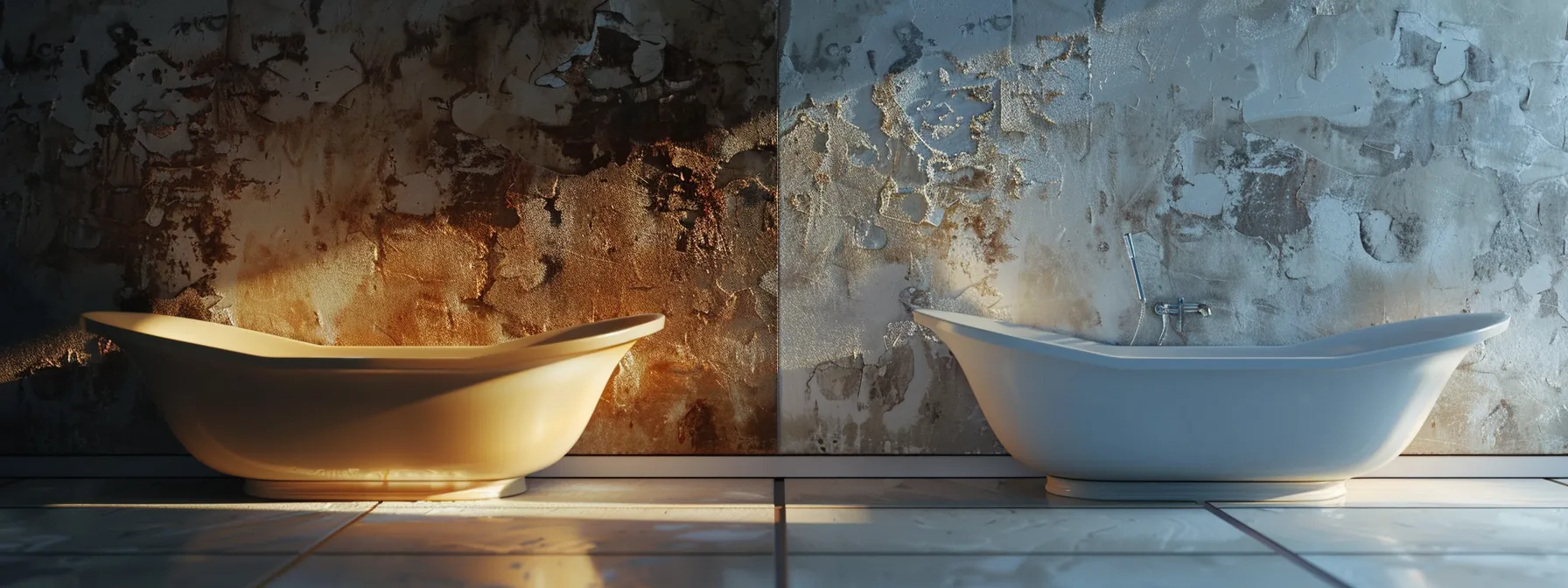 a modern, gleaming white bathtub with a shiny resin finish, contrasting against a dull, worn-out bathtub in the background.