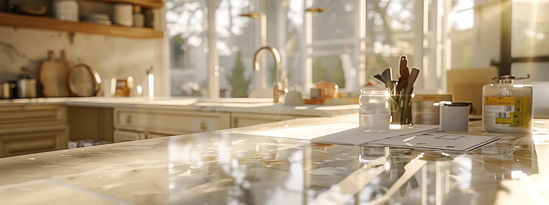 a modern kitchen countertop being resurfaced with cost-effective and durable materials, with multiple professionals providing quotes in the background.